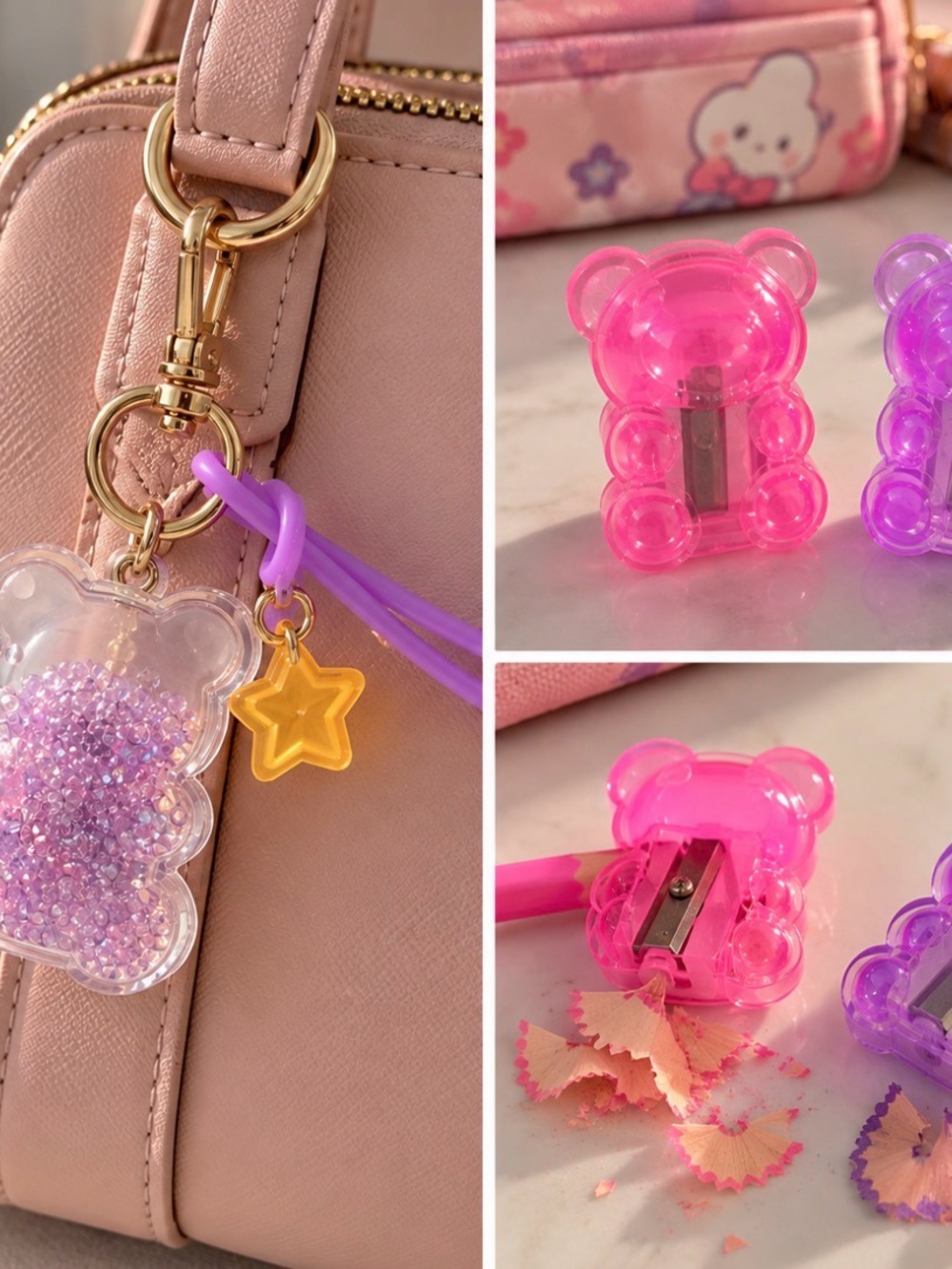 One Pink Bear Bead Keychain and 2 Sharpener - Kids Accessories